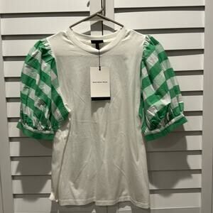 Who What Wear NWT white Top with Green Plaid Sleeves.
